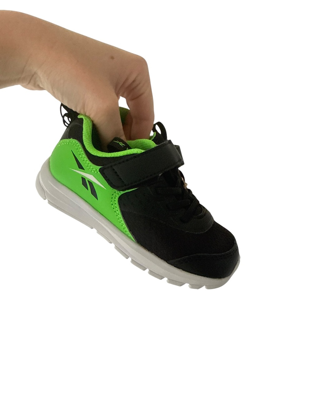 Reebok Kids Rush Runner Black and Neon Green Velcro Athletic Sneaker NEW A